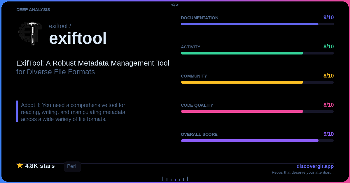 DiscoverGit's tweet photo. DEEP ANALYSIS: exiftool/exiftool

The definitive open-source solution for reading, writing, and editing metadata across 200+ file formats used by photographers, archivists, and developers worldwide.

★ 4.8K · Q90/100
#exiftool #metadata #perl https://t.co/j4teikxUBn https://t.co/bOyEa9s4hy