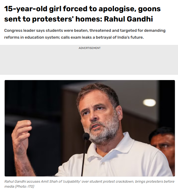 MahuaMoiitra's tweet photo. 15-year-old girl forced to apologise, goons sent to protesters' homes: Rahul Gandhi
Congress leader says students were beaten, threatened and targeted for demanding reforms in education system; calls exam leaks a betrayal of India's future. https://t.co/nMoYKHDPho
