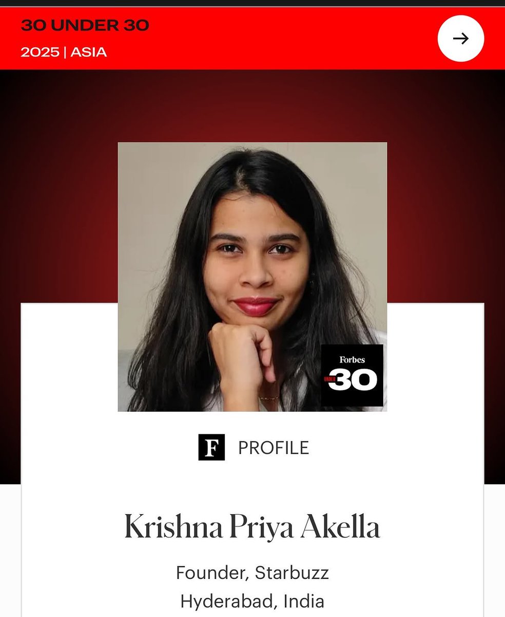 VikasAlwys's tweet photo. Meet Krishna Priya, who completed her https://t.co/YSvOF5fxhn in ECE from Sreenidhi College, Hyderabad. After graduation, she got four offers from top MNCs. Instead of being in the rat race, she started her own startup, https://t.co/P17SPxrdcj.

Now, she is featured in Forbes 30 Under 30, with a net revenue of around ₹2 crore.

After graduation, she started working at a startup, where she met Aravind, now her co-founder. They found a lack of authenticity in influencer marketing, where brands found it difficult to choose the right influencers.

They started https://t.co/P17SPxrdcj, an AI-driven influencer marketing platform, with their ₹40,000 savings in order to provide the right influencers to brands and show audience analytics.

Today, https://t.co/P17SPxrdcj serves over one lakh influencers and 300 brands, including notable clients such as Yamaha, Vega Beauty, and Bajaj, with a net revenue of around ₹2 crore.

Instead of choosing the rat race, she built the track.

FYI check:-
https://t.co/tEVdDyYtXb