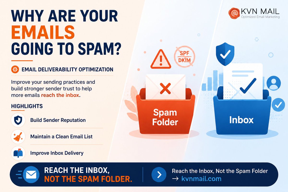 KvnMail's tweet photo. Why Are Your Emails Going to Spam?

Improve your sending practices and build stronger sender trust to help more emails reach the inbox.

Reach the Inbox, Not the Spam Folder

📧 info@kvnmail.com
🌐 https://t.co/Pejykzgggx

#kvnmail #spam #emaildeliverability #reachinbox https://t.co/gGruSQYtkV