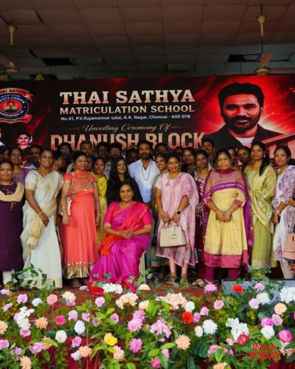 IndiaToday's tweet photo. Actor Dhanush has donated a newly constructed three-storey concrete building to a School in Chennai, where he studied from LKG to Class 10. Built at his own expense, the new structure replaces an older roofed building and has been named the "Dhanush Block."

The building was inaugurated on Wednesday in the presence of Dhanush, his schoolmate and cinematographer Kumaran, members of the 1999 batch, and his sisters, Karthika Devi and Vimalageetha.

In an emotional moment, Dhanush touched the feet of his former teachers to seek their blessings and posed for photographs with them. Kumaran and his wife, Lakshmi Krupa, who were also Dhanush's classmates from LKG through Plus Two, attended the ceremony.

#Dhanush #Chennai #Education #TamilCinema #ITPhotoblog