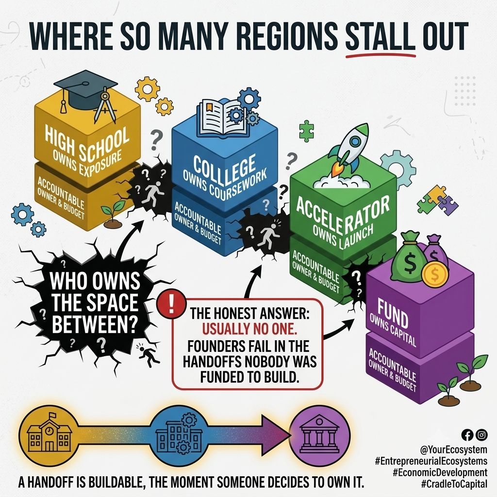 YourEPICMission's tweet photo. Stages have owners. Gaps do not.

The college owns coursework, the fund owns capital. Nobody owns the space between.

Founders fail in the handoffs no one was funded to build. Buildable, the moment someone owns it. https://t.co/U9o9h3PrDx