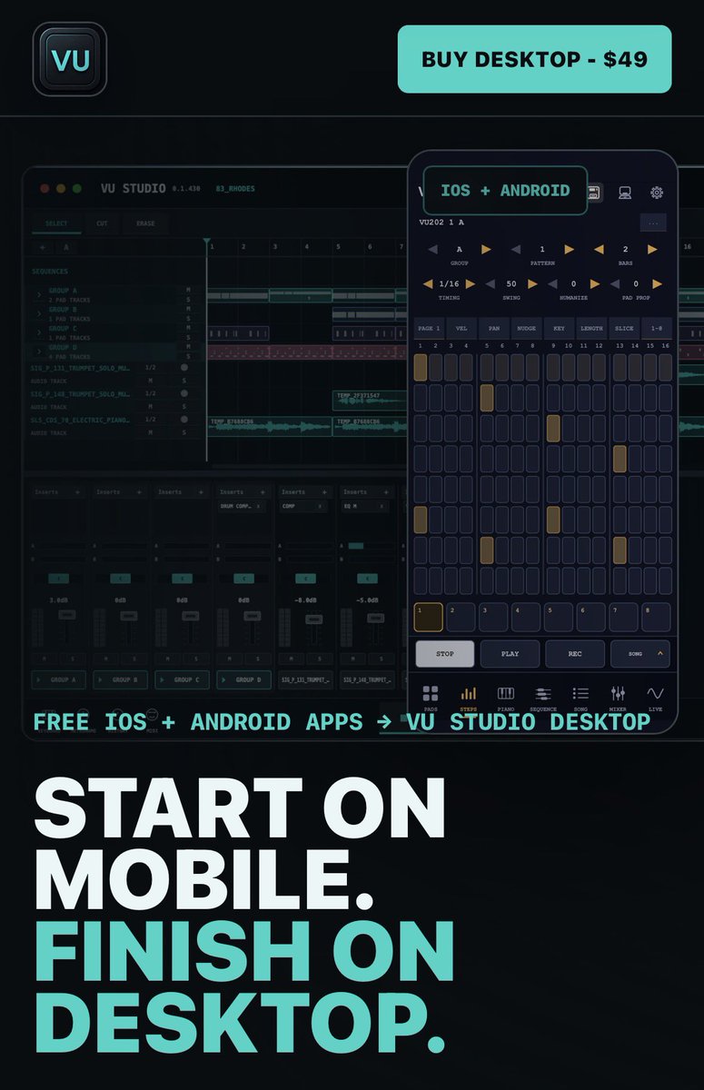 vustudio_vu202's tweet photo. iOS, Android for free. OSX and Windows as paid option to finish beats with audio tracks, VST/AU instruments and effects :)

Check the website https://t.co/A23BDyoo9D https://t.co/PSzGZgXHie