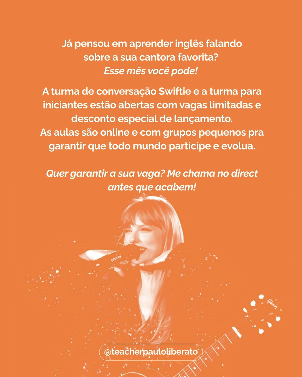 teacherliberato's tweet photo. oi gente! passando pra avisar que abriram vagas pra turma de conversação de inglês! e logo uma turma de iniciantes pra quem tbm tiver interesse! a conversação é quase que temática swiftie, então se você gosta, vai amar participar! mais informações só me chamar! quem puder dar rt https://t.co/li4iGqphRl