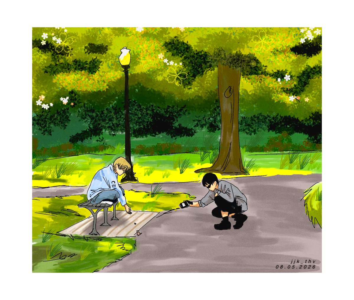 jjk_thv's tweet photo. been a while since i last drew anything but Jungkook filming Taehyung feeding that bird(?) was too cute, i just wanted to preserve it in my own way 🫶 https://t.co/ueCcyGa6cj