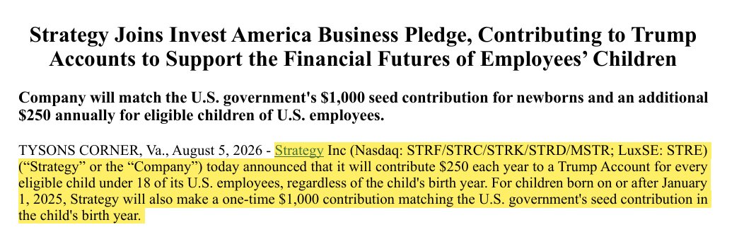 coinbureau's tweet photo. BREAKING: Michael Saylor’s Strategy will give up to $1,250 to Trump Accounts.

Strategy will match the US government’s $1,000 newborn payment and add $250 each year.

Projections show that this could grow to around $19,000 by age 18.