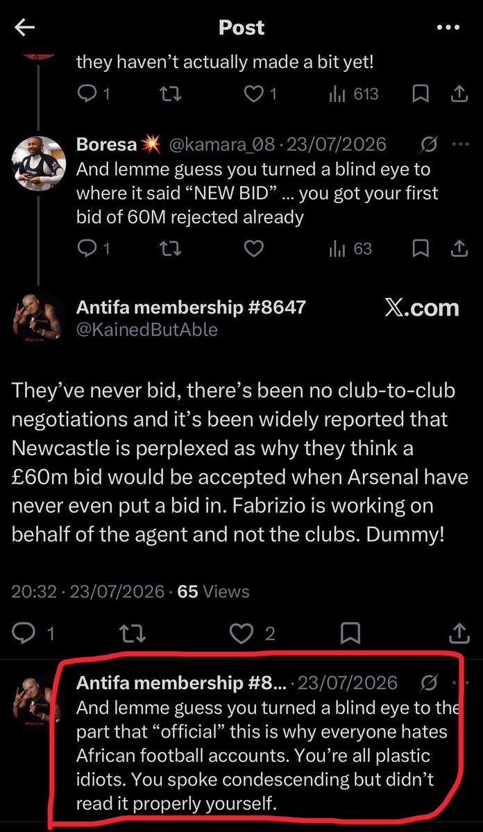 kamara_08's tweet photo. @Shedintears @phyn_favour @CFCDray This is where people had a problem with “you’re all plastic idiots” just after talking about African football accounts https://t.co/gl5f7YUtxy