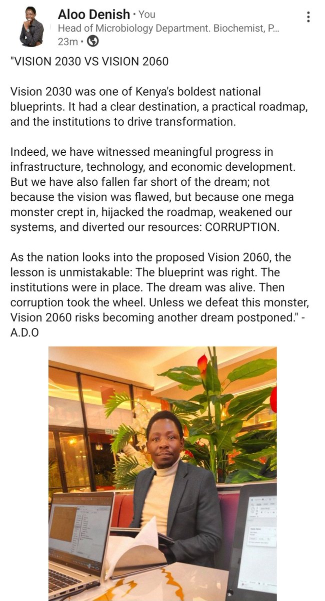 aloo_denish's tweet photo. "VISION 2030 VS VISION 2060

The lesson is unmistakable: The blueprint was right. The institutions were in place. The dream was alive. Then corruption took the wheel. Unless we defeat this monster, Vision 2060 risks becoming another dream postponed." - Aloo Denish Obiero https://t.co/jJt2QT2KyV