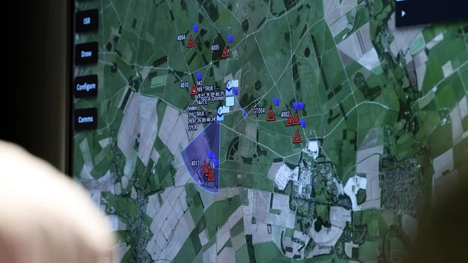 A view of a GPS map showing drones operating over a wider fielded area during Exercise Dragon Rider