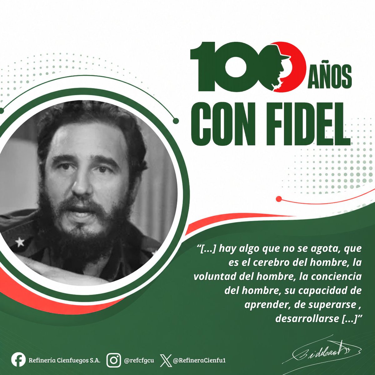 RefineraCienfu1's tweet photo. #RefineríaCienfuegos | En el centenario de Fidel, su legado guía a Cuba ante los retos actuales. Unidad, soberanía y conciencia popular son pilares de  su pensamiento: la fortaleza de la nación reside en sus principios y en la entrega de su pueblo https://t.co/yDX4GAcEkz