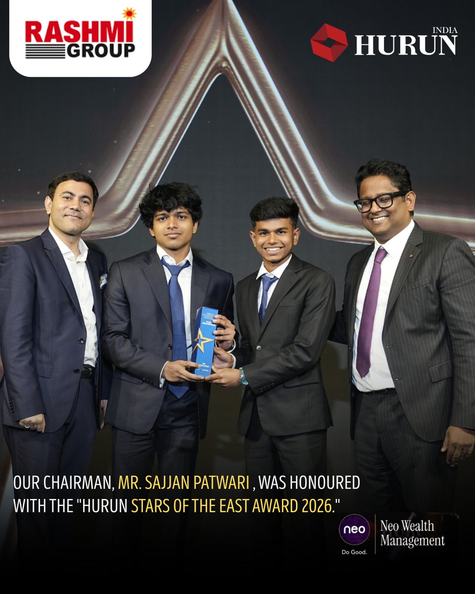 GroupRashmi's tweet photo. Rashmi Group is proud to announce that our Chairman, Shri Sajjan Kumar Patwari, has been honoured at the Hurun Stars of the East 2026 Awards. In his absence, the award was received by Krish Patwari and Priyansh Patwari. A proud recognition of visionary leadership and excellence. https://t.co/QbMmN4KsiS