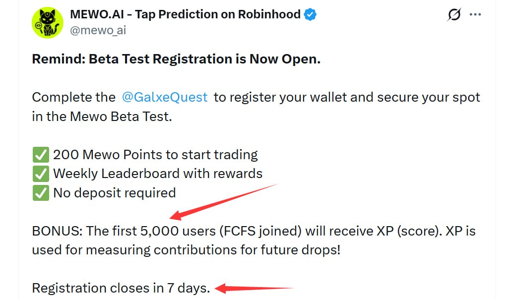 Airdrop6_com's tweet photo. New #airdrop: Mewo (Only FCFS 5,000 & End Soon)
Reward: 200 Mewo Points (Confirmed)
News: Backers, Robinhood
Distribution date: After TGE

🔗Airdrop Link: https://t.co/85S4VrUYZ8

1: Connect your Metamask address and Complete all airdrop tasks 
2: Submit your Galxe wallet address, claim and wait more updates
3: Complete task to register your wallet and secure your Beta Spot
4: Mewo is the one of the first quick-prediction apps on Robinhood
5: Also Beta Testers will be Early Members of the Mewo ecosystem