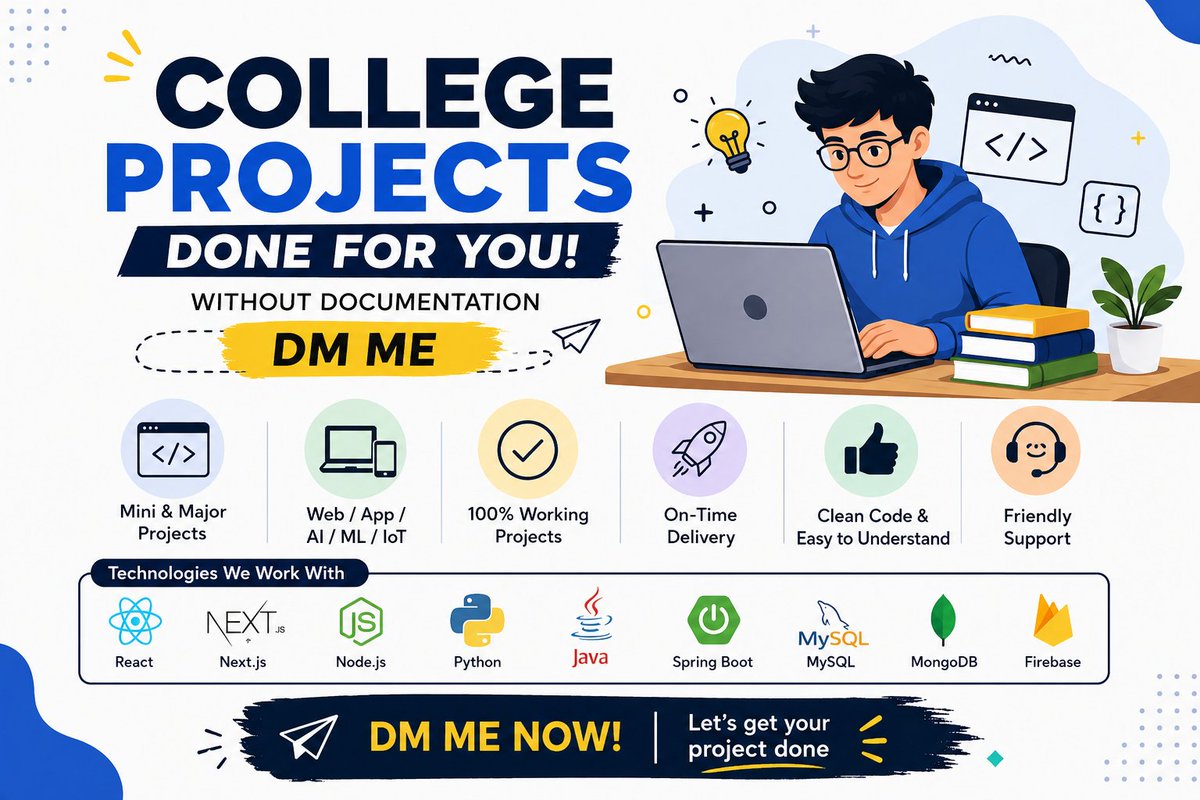 Chandra73391633's tweet photo. Need help with your Mini or Major College Project? 💻🚀

✔️ Web Development
✔️ Java / Python
✔️ React / Node.js
✔️ AI/ML &amp; IoT Projects
✔️ Working Projects
✔️ Quick Delivery
DM me if you're interested.
#CollegeProjects #StudentProjects #Coding #Java #Python #ReactJS #AI #IoT https://t.co/eIjpyuuc3d