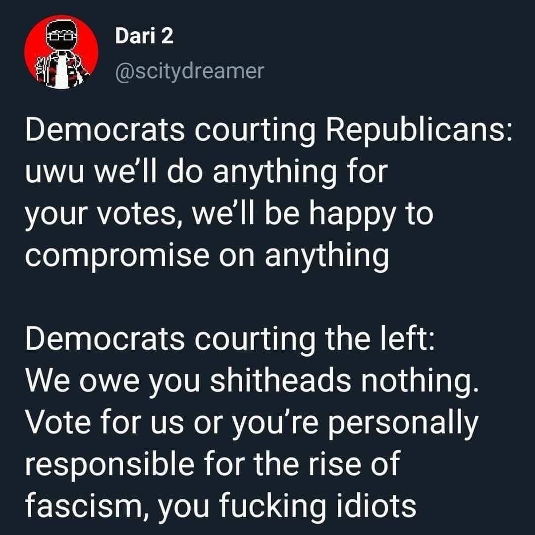 BionicDance's tweet photo. @Bl8knstuff2 No, the issue is that the #Democrats DON'T HAVE MY BACK ON CRITICAL POLICY.

Neither does MAGA.

And if you don't have my back, YOU'RE NOT ON MY SIDE.
Why would I vote for people who aren't on my side? https://t.co/wfu6Is3F2b