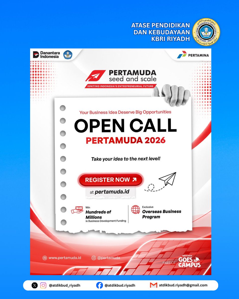 atdikbud_riyadh's tweet photo. 💰 Total dana pembinaan Rp600 juta + dana kampus Rp75 juta + Golden Ticket Grant Rp250 juta! Plus mentoring 3 bulan, Business Academy, investor network &amp; Overseas Program. Benefit bernilai miliaran menunggumu! ⚡🏆

#StartupMahasiswa
#MahasiswaIndonesiaLuarNegeri https://t.co/8uL2bVnXT6
