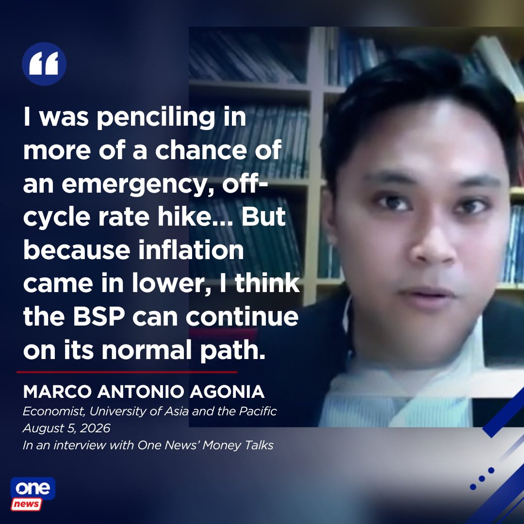 cathyyang's tweet photo. The softer-than-expected July inflation print has given the BSP more room to stay on its expected policy path, according to University of Asia and the Pacific economist Marco Antonio Agonia. 

He said he had previously seen a greater chance of an emergency, off-cycle rate hike, but now expects the central bank to proceed with 25-basis-point increases in August and the following meeting instead. Agonia said inflation risks remain, with core inflation still above target and potential pressure from wage hikes and El Niño later this year. | via Money Talks

📷: One News
 WATCH: https://t.co/SbVn0FnkSx