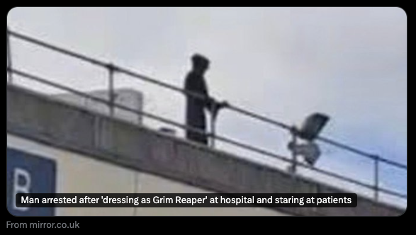 goatOnChainn's tweet photo. this is insanity...🤣🤣 

A man dressed as "The Grim Reaper" was just arrested for entering a hospital and staring at patients.... 

This news has gone super viral all over X on multiple news outlets gaining millions of views...

https://t.co/1Msb9gHNXm https://t.co/cV6Q88nsBV