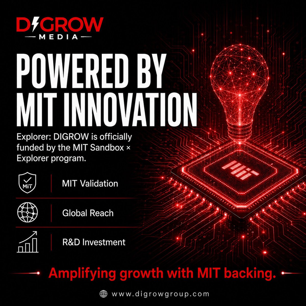 DIGROWGroup's tweet photo. Amplifying growth with MIT backing! 💡 Proud to share that DIGROW Media is officially funded by the MIT Sandbox x Explorer program. Global reach meets innovation. 🚀

#DIGROW #DIGROWMedia #MITSandbox #DigitalMarketing #TechInnovation https://t.co/97509UykKf