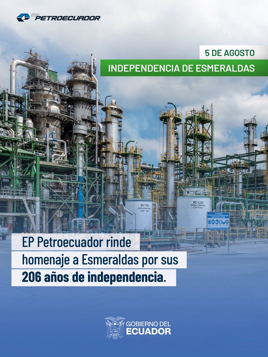 EPPetroecuador's tweet photo. Esmeraldas, tierra de historia, trabajo y orgullo. 💙

En este aniversario 206 de su Independencia, saludamos a la provincia que alberga la principal refinería del país y reconocemos el compromiso de su gente con el desarrollo energético del Ecuador.

#Esmeraldas #PetroEcuador 🇪🇨 https://t.co/KIz50DS62q