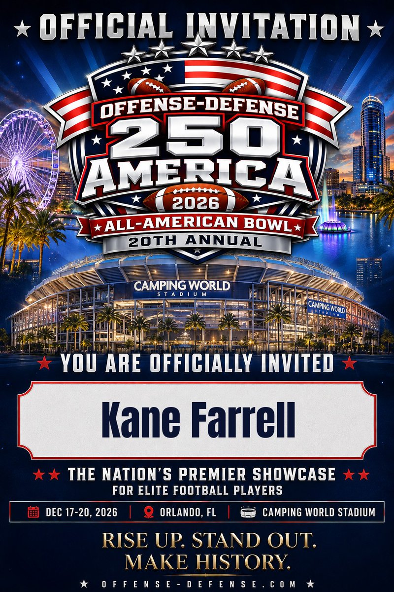 kanefarrell's tweet photo. Thank you to the @ODFootballCamps evaluation staff for an invite to play in the 2026 Offense-Defense All-American Bowl! @ODRecruiting https://t.co/lpJylGLAdJ