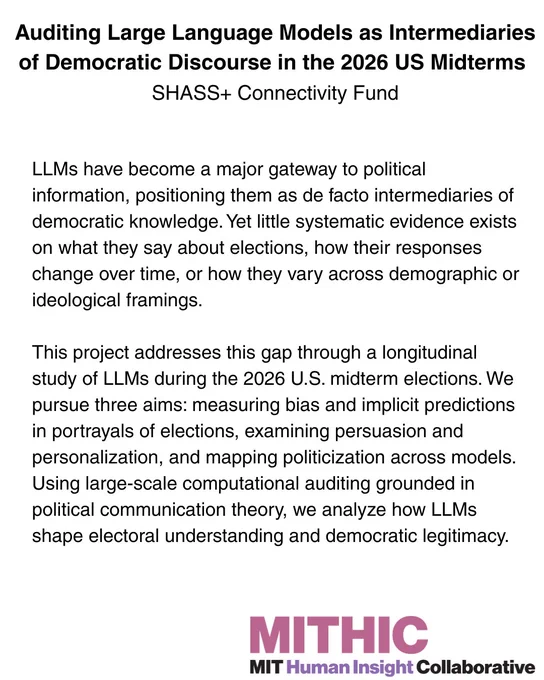 An image of a card that reads "LLMs have become a major gateway to political information, positioning them as de facto intermediaries of democratic knowledge. Yet little systematic evidence exists on what they say about elections, how their responses change over time, or how they vary across demographic or ideological framings. 

"This project addresses this gap through a longitudinal study of LLMs during the 2026 U.S. midterm elections. We pursue three aims: measuring bias and implicit predictions in portrayals of elections, examining persuasion and personalization, and mapping politicization across models. Using large-scale computational auditing grounded in political communication theory, we analyze how LLMs shape electoral understanding and democratic legitimacy."