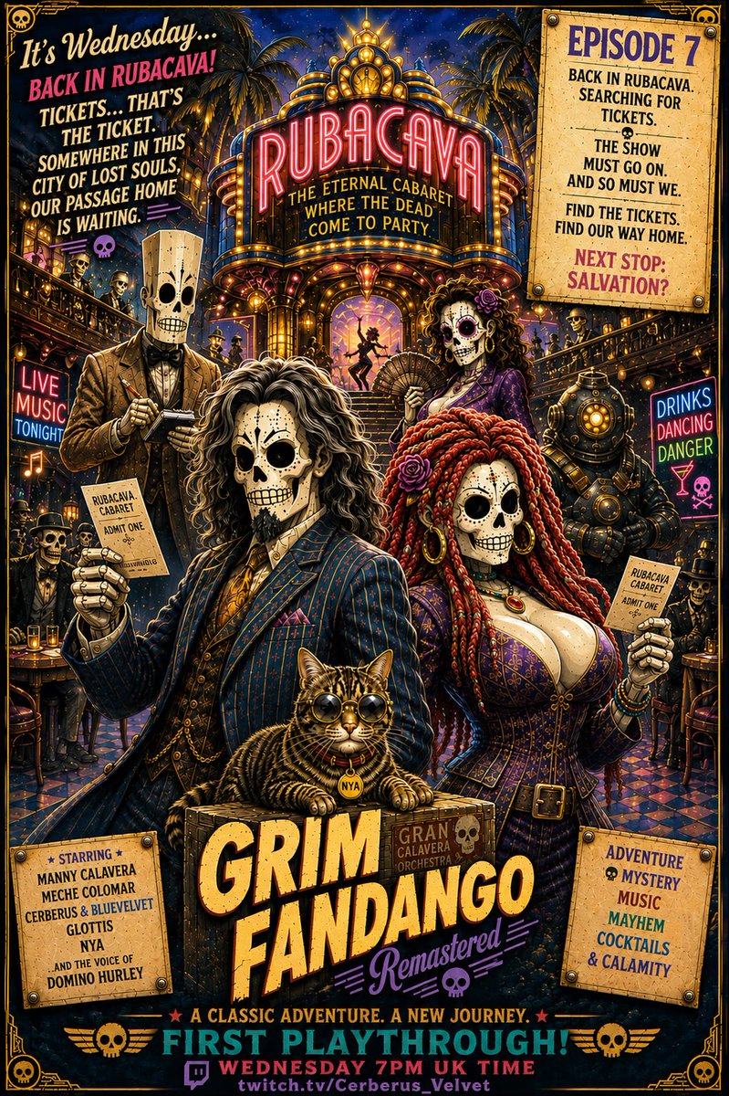 KayHLoveridge's tweet photo. Tonight is the night! Join Cerberus and BlueVelvet for their weekly wander into the world of Grim Fandango - This week, the search for tickets continues... Are they feeling lucky? Tune in at 7pm to find out https://t.co/EsxdcAo4E8 https://t.co/WZe0XOt7Uh
