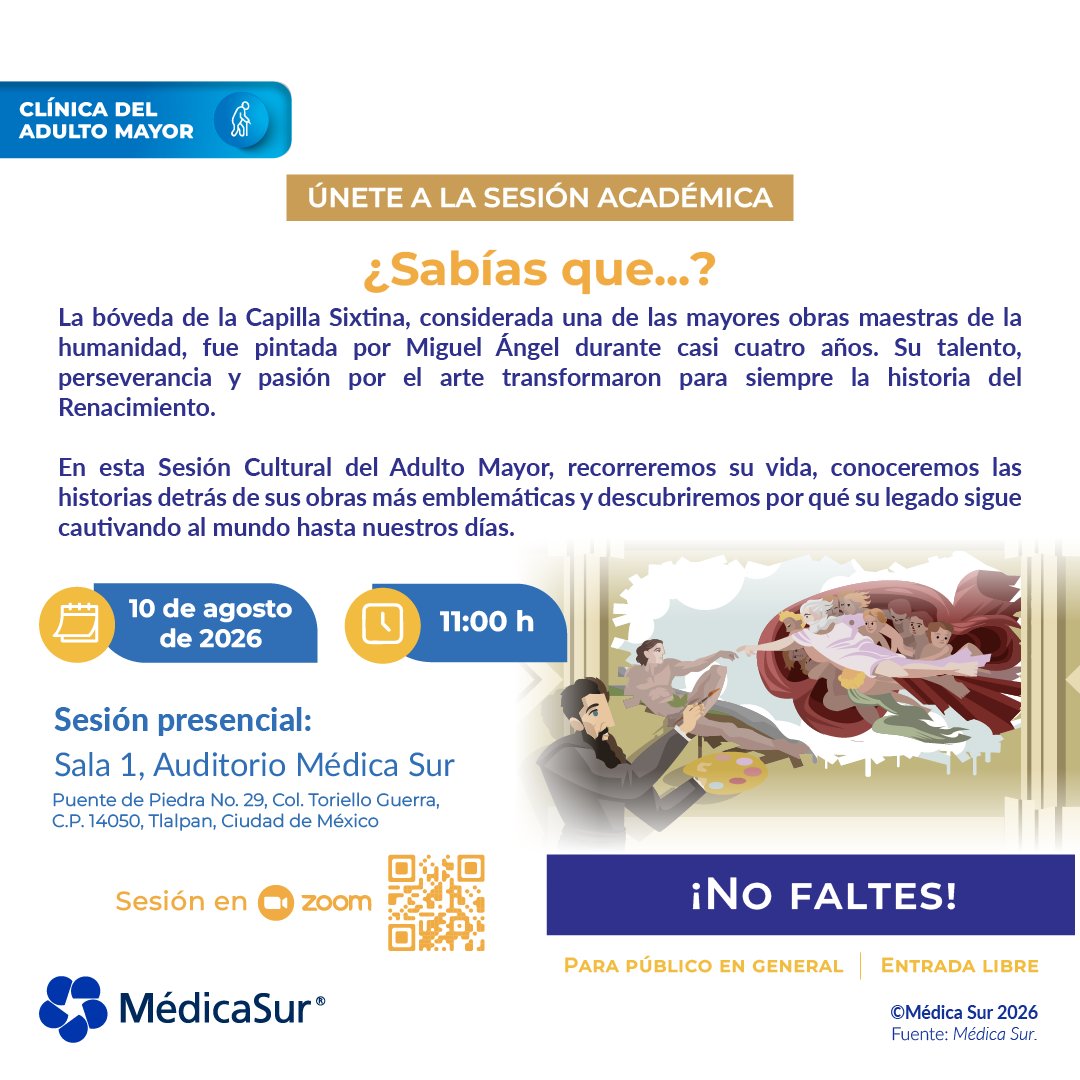 medicasur's tweet photo. El arte también inspira una vida plena.
Te invitamos a una sesión especial para descubrir cómo el talento, la perseverancia y la pasión de Miguel Ángel marcaron un antes y un después en la historia del Renacimiento.
📅 10 de agosto | 🕚 11:00 h
📍 Auditorio Médica Sur
💻 O conéctate desde donde estés a través de Zoom.
https://t.co/xEkDvWrKPL
Entrada libre. ¡No te lo pierdas!