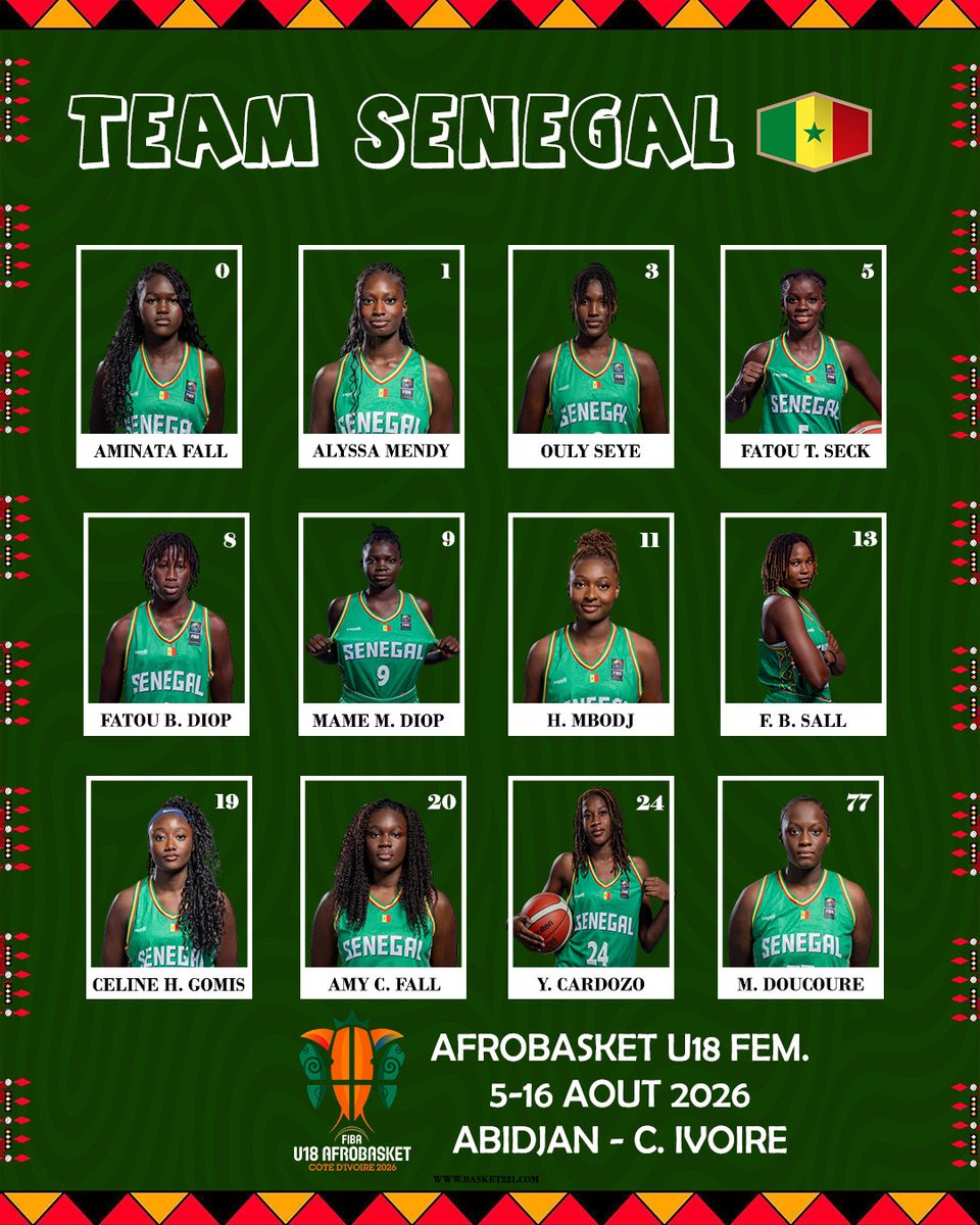 basket_221's tweet photo. Voici lโeffectif du Sรฉnรฉgal ๐ธ๐ณ pour lโAfrobasket Fรฉminin U18 2026.
Premier match dans trente minutes sur YouTube FIBA
SรNรGAL REK ๐ธ๐ณ
Go Gaรฏndรฉs โ๐พ
#basket221 #senegal #afrobasketfemininu18 #fiba #legacyreloaded https://t.co/5XFaBbg1B7
