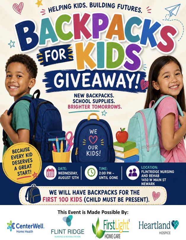 RidgeFlint's tweet photo. Join us Wednesday, August 12 beginning PROMPTLY at 2:00 PM at Flint Ridge Nursing &amp; Rehabilitation for our annual Backpacks for Kids Giveaway!

📚 We have 100 backpacks filled with school supplies for the first 100 children. https://t.co/gSjgSmJbBz