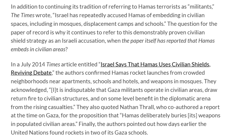 CAMERA4Truth's tweet photo. THE NEW YORK TIMES GETS DEBUNKED BY ... THE NEW YORK TIMES:

The @nytimes' own archives undercut the outlet's characterization of Hamas's civilian shield strategy as a mere "Israeli accusation." 

"The New York Times doesn’t need any more proof. It knows, by virtue of its previous reporting, that Hamas embeds weapons and personnel in the civilian population. It should report this as fact," @JKouzi36 writes.