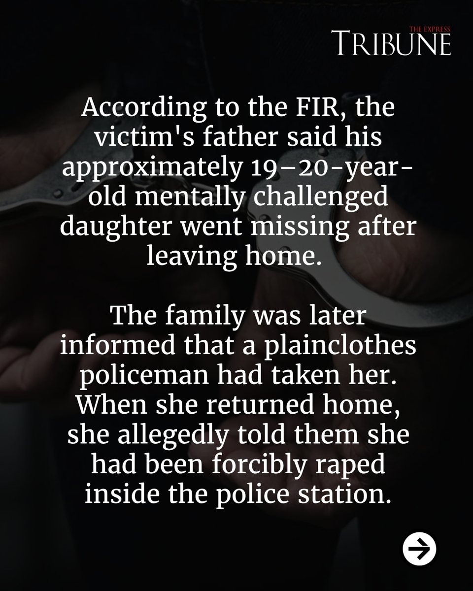 etribune's tweet photo. A judicial magistrate on Wednesday granted a four-day physical remand of a suspended assistant sub-inspector (ASI) to the police, in connection with the alleged rape of a mentally challenged woman inside a Lahore police station.

A day earlier, the Lahore police suspended the entire staff of Ghaziabad Police Station over administrative lapses and poor supervision after an assistant sub-inspector (ASI) was arrested for allegedly raping a mentally challenged woman on the premises.

Suspended ASI Imran was produced before Judicial Magistrate Iram Yousaf at the magisterial court by the Ghaziabad police. During the hearing, the investigating officer requested the court to grant a 14-day physical remand, arguing that the suspect’s custody was required to further investigate the case and ascertain details regarding the alleged sexual assault.

Full story on our website.
