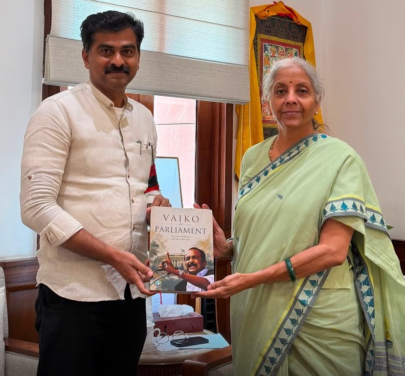 duraivaikooffl's tweet photo. மாண்புமிகு ஒன்றிய நிதி அமைச்சர் திருமதி. நிர்மலா சீதாராமன் அவர்களை அவரது நாடாளுமன்ற அலுவலகத்தில், இன்று (05.08.2026) மாலை நேரில் சந்தித்து, நேற்று வெளியிடப்பட்ட தலைவர் அவர்களின் நாடாளுமன்ற உரைகளின் தொகுப்பான Vaiko in Parliament நான்கு தொகுதிகளையும் அவரிடம் வழங்கினேன்.

அதனை மகிழ்வுடன் பெற்றுக்கொண்டு, தலைவரின் நலம் விசாரித்து தனது வாழ்த்துகளைத் தலைவரிடம் தெரிவிக்கச் சொல்லி கேட்டுக்கொண்டார்.

அன்புடன்,
துரை வைகோ
நாடாளுமன்ற உறுப்பினர் (திருச்சி)
மறுமலர்ச்சி திமுக
05.08.2026

#DuraiVaiko #tvk #mdmk #trichy
#NirmalaSeetharaman