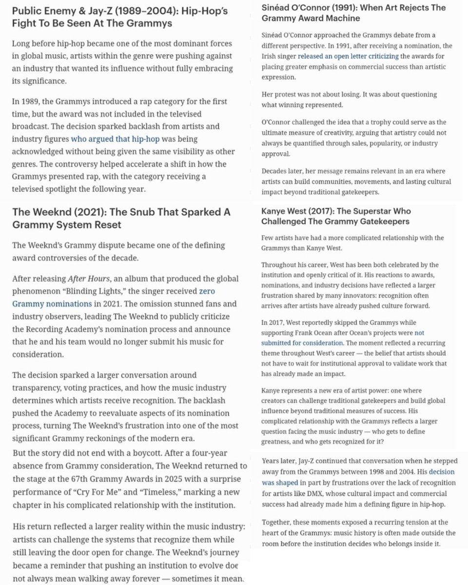 amlysbang's tweet photo. For decades, artists have refused to submit to the Grammys for deeply personal reasons. Public Enemy fought for hip-hop to be taken seriously. Sinéad O'Connor rejected the institution's values. The Weeknd walked away after a historic snub. Others protested recognition they believed was denied.

BTS's decision stands apart. They didn't do it out of resentment or because they felt overlooked. They did it after the Recording Academy introduced a category that segregates Asian artists instead of including them equally.

One statement and suddenly the entire music industry found itself in a conversation about diversity, inclusion, and what global recognition is supposed to look like.

That's what makes this moment SO significant. They challenged the system itself by just ONE statement and not for themselves alone, but for every artist who deserves to compete on equal footing, regardless of where they come from.

That's why this isn't just another Grammy boycott or something but it's one of the most consequential challenges the Recording Academy has ever faced.

#ArtHasNoAliens