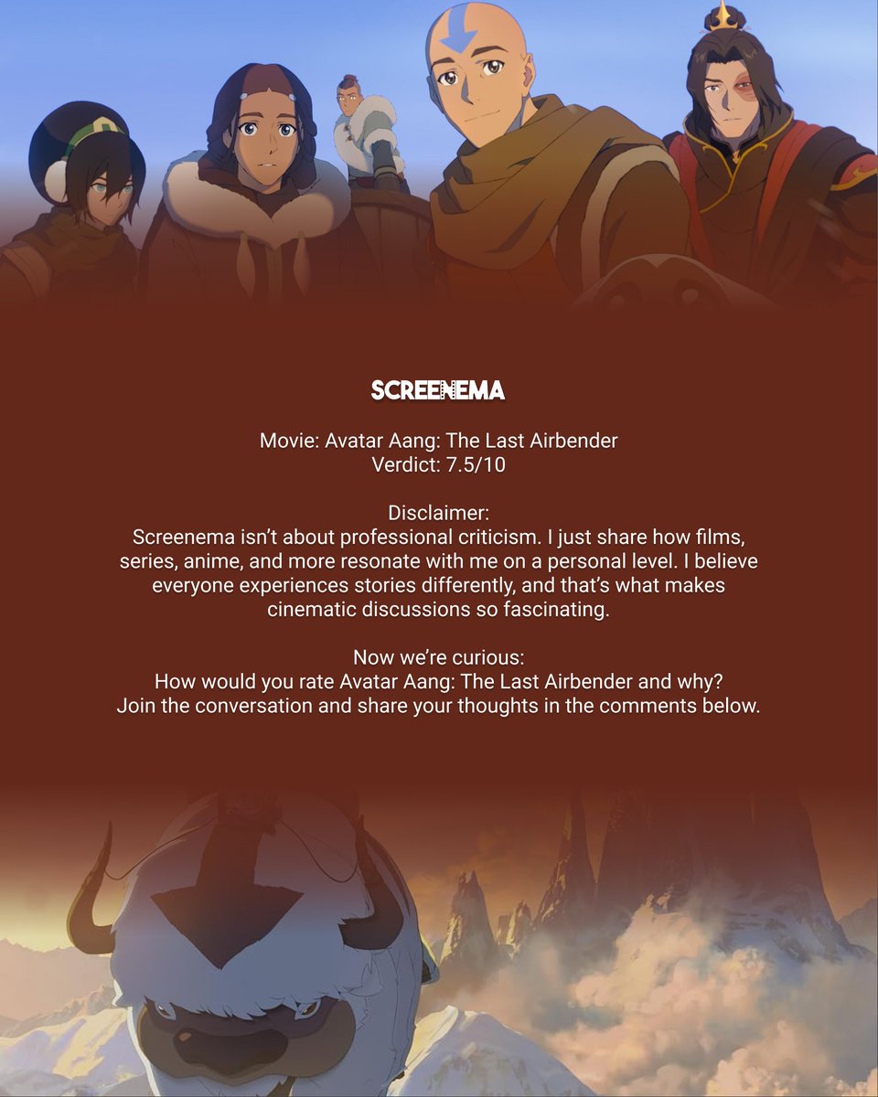 ScreenemaRates's tweet photo. How would you rate Avatar Aang: The Last Airbender? Share your thoughts below!
#FilmReview #MovieReview #AvatarAangTheLastAirbender #FilmCritique #MovieDiscussion https://t.co/tFiZHAqLRU
