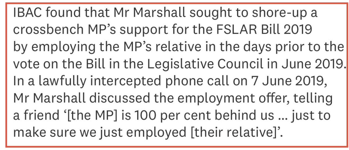 Commoncents21's tweet photo. Media &amp; Vic Liberals should be calling for Peter Marshall’s resignation. 

“IBAC found that Marshall sought to shore up a cross-bench MP’s support for the FSLAR Bill 2019 by employing the MP’s relative days prior to the vote on the Bill…”

I know what I’d call this revelation.😏 https://t.co/VWMIZ2ousj