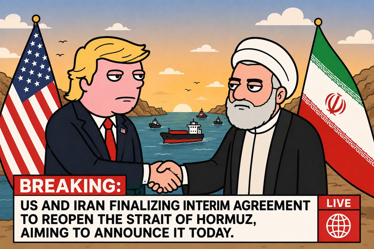 tronalddumprh's tweet photo. BREAKING NEWS :

The United States and Iran are FINALIZING a TREMENDOUS interim agreement to REOPEN the Strait of Hormuz. announcement coming TODAY! https://t.co/cApVT5KAxB