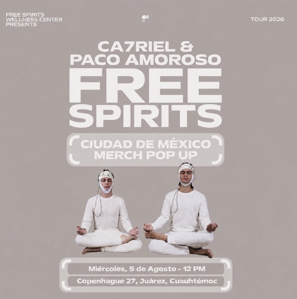 CA7OPACOCRAVE's tweet photo. Hoy es el Pop Up de CA7RIEL &amp; Paco Amoroso en Ciudad de México. Medios de comunicación informan que habrá un CD a la venta (no confirmado)  y Free Spirits confirma mercancía exclusiva para los asistentes como una camisa! https://t.co/ZrxuEPhFQS