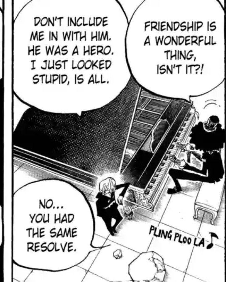 hisashimitsuis's tweet photo. In this ONE PANEL ALONE oda addressed several things abt his character:
1. His tendency to sell himself short
2. Him no longer having to convince himself he doesn't understand people like zoro and luffy who are willing to die for their dreams 
3. Him having the same determination https://t.co/CF2XSQcfh3