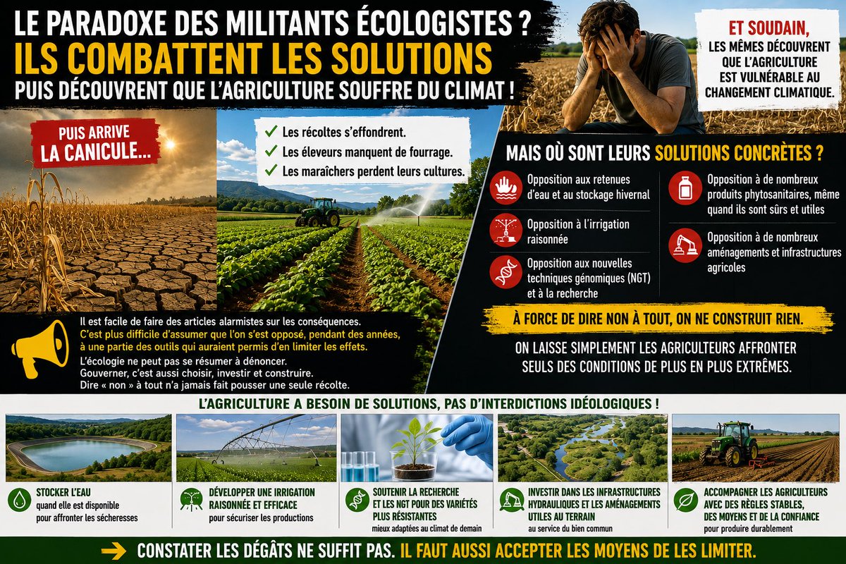 PHautefeuille's tweet photo. 🔴Agriculture et écologisme: Le plus grand paradoxe des militants écologistes ? Ils passent leur temps à expliquer pourquoi l’agriculture échoue… après avoir combattu presque toutes les solutions.

Depuis des années, ils s’opposent aux retenues d’eau, à l’irrigation, aux nouvelles techniques génomiques (NGT), à de nombreux produits phytosanitaires et à une grande partie des aménagements agricoles.

Puis survient une canicule.

Les récoltes s’effondrent. Les éleveurs manquent de fourrage. Les maraîchers perdent leurs cultures.

Et soudain, les mêmes découvrent que l’agriculture est vulnérable au changement climatique.

Mais où sont leurs solutions concrètes ?

À force de dire non à tout, on ne construit rien. On laisse simplement les agriculteurs affronter seuls des conditions de plus en plus extrêmes.

Il est facile de faire des articles alarmistes sur les conséquences. C’est plus difficile d’assumer que l’on s’est opposé, pendant des années, à une partie des outils qui auraient permis d’en limiter les effets.

L’écologie ne peut pas se résumer à dénoncer. Gouverner, c’est aussi choisir, investir et construire. Dire « non » à tout n’a jamais fait pousser une seule récolte.