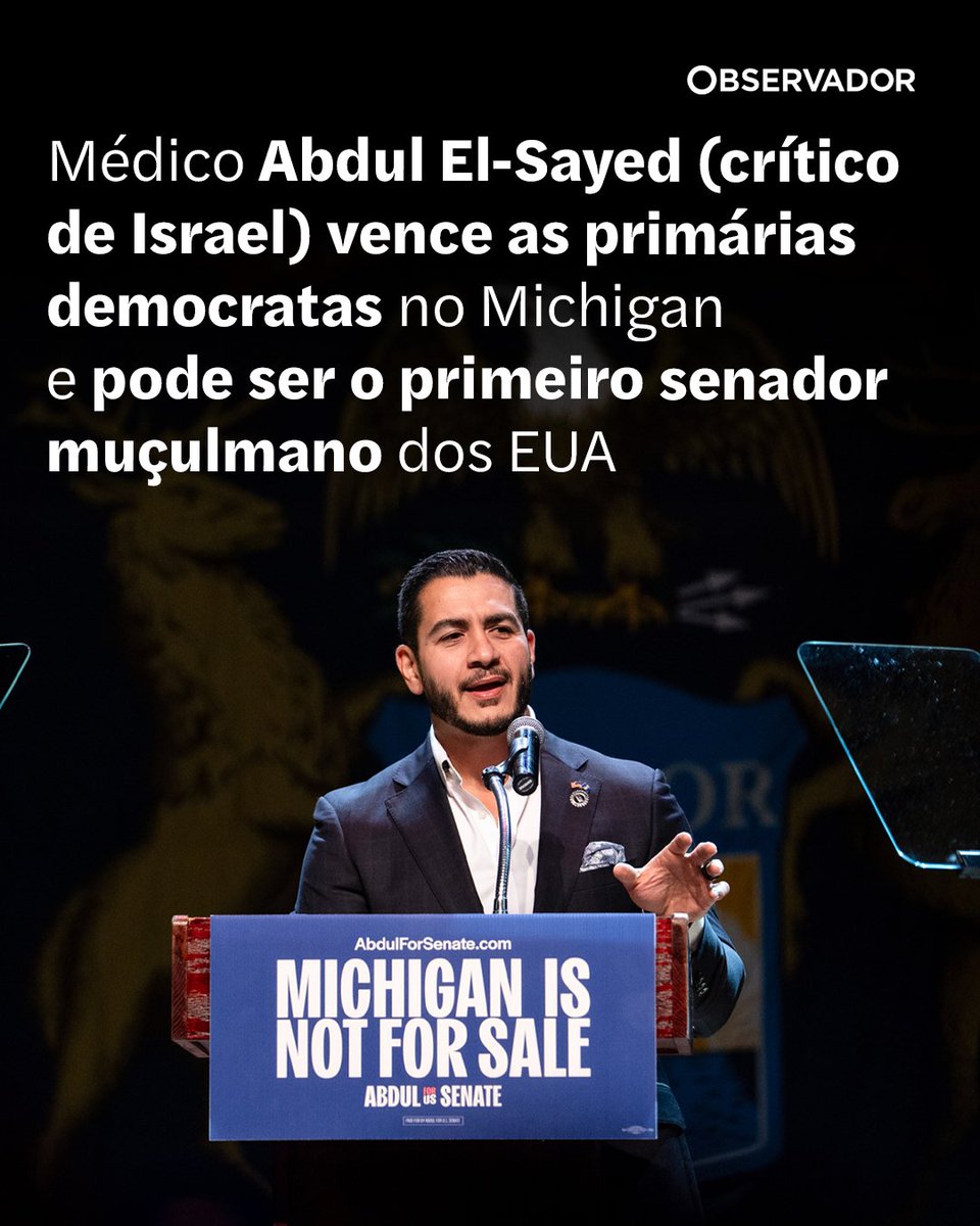 observadorpt's tweet photo. Candidato, com ascendência egípcia, venceu à tangente a centrista Haley Stevens e vai disputar intercalares. É crítico do apoio norte-americano a Israel e da atuação das forças israelitas em Gaza.

#AbdulElSayed #PartidoDemocrata #Eleições #EUA https://t.co/8bIqf2rEVl