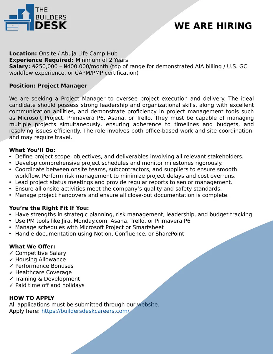 We are seeking a Project Manager to oversee project execution and delivery. The ideal candidate should possess strong leadership and organizational skills, along with excellent communication abilities, and demonstrate proficiency in project management tools such as Microsoft Project, Primavera P6, Asana, or Trello. They must be capable of managing multiple projects simultaneously, ensuring adherence to timelines and budgets, and resolving issues efficiently. The role involves both office-based work and site coordination, and may require travel.