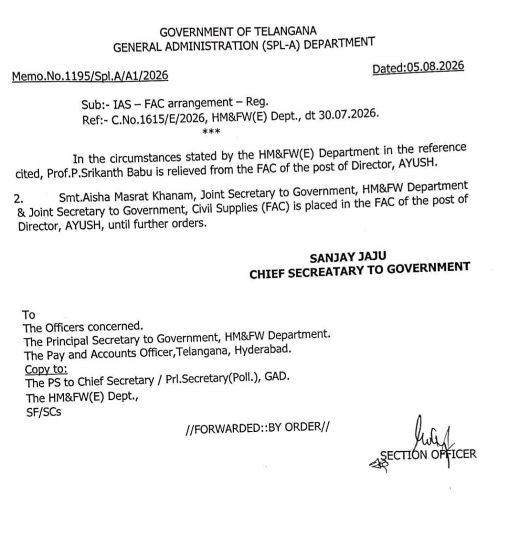 JacobBhoompag's tweet photo. Smt. Aisha Masrat Khanam, Joint Secretary to Government, Health, Medical &amp; Family Welfare Department, who is also holding FAC as Joint Secretary, Civil Supplies Department, has been entrusted with the Full Additional Charge of Director, AYUSH until further orders. https://t.co/h8WGYkq7PM