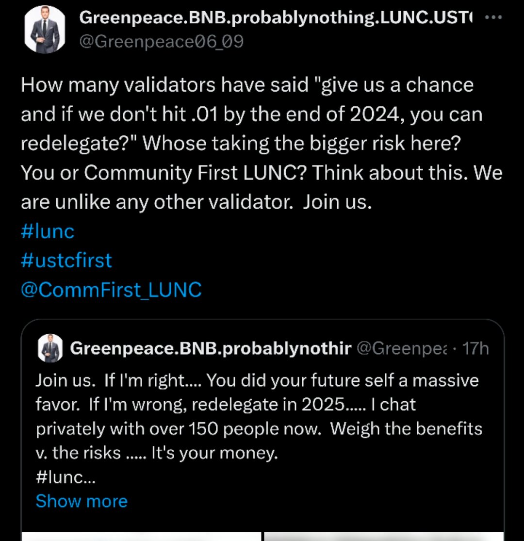 ForTheCross_CH's tweet photo. Another #LUNC validator who said a burn tax increase would NEVER pass is @Greenpeace06_09. This arrogant individual with a TV actor for his profile image claims to have been a trial attorney for 25 years with a masters degree in economics, yet offered false predictions of #LUNC reaching $0.01 by the end of 2024 otherwise you should redelegate from his validator! 🫢

He also has been accused of requesting payments to join his private Telegram chat, with the implication he has secret knowledge about a mass staking plan by Binance plan for #LUNC, claiming he and chosen validators who agree with him would be the only ones to get staking from Binance, and claiming Binance connections! When confronted with the screenshots he simply claimed they were all AI! 🤣

@Greenpeace06_09 said Binance would NEVER let a 1.5% tax pass. Yet the 1.5% tax did pass with the support of the #LUNC community who wants more burns and funding to the community pool and oracle pool. I guess he doesn't know CZ or Binance as well as he thinks he does. 😂

He also has been continually complaining about the 1.5% tax since it passed a few days ago, already wanting to reverse it, against the will of the #LUNC community. He even wants zero tax on chain. How does he think staking rewards and development will be funded on a deflationary chain? 

Why would you trust someone so shamelesly arrogant and who gets it so wrong? He thinks he is the key to "generational wealth". Watch out #LUNC holders. I guess he is not as educated as he thinks he is. 😂

See below: 👇