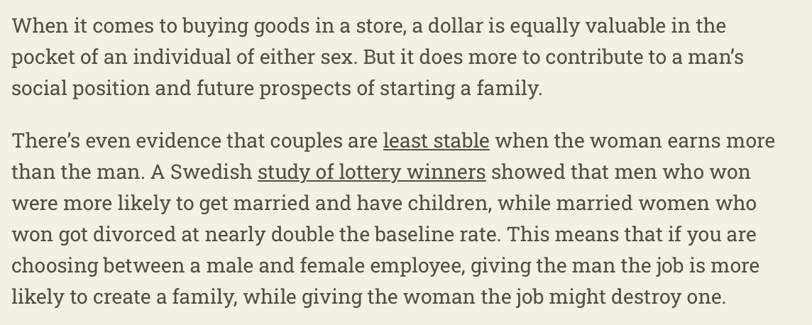 RichardHanania's tweet photo. A Swedish study shows that male lottery winners get married, while female lottery winners get divorced.

If we want more families, should we try giving more money and opportunities to men? https://t.co/yN07wC2prJ