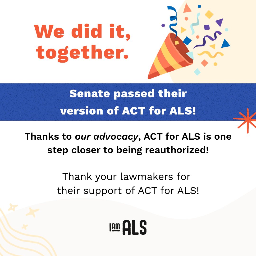 iamalsorg's tweet photo. 🚨 WE DID IT!

The Senate passed their version of ACT for ALS last night! We're one step closer to reauthorizing this  historic piece of legislation.(Shout out to ACT for ALS coauthors and I AM ALS cofounders @bsw5020 and @sabrevaya!) Thank your lawmakers: https://t.co/wrmx1pypaZ https://t.co/evOSjochAG