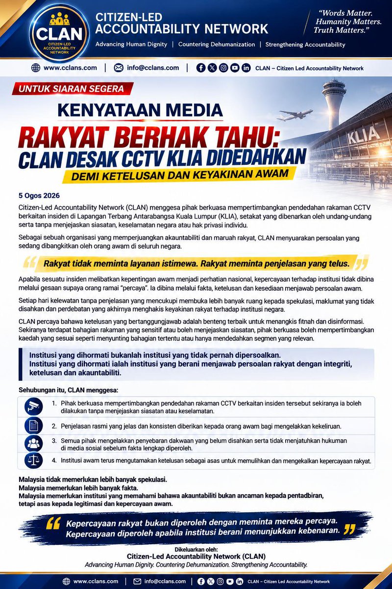 Marchfoward's tweet photo. TERKINI 

Civil Led Accountability Network CLAN Malaysia mendesak Pihak Berkuasa mendedahkan CCTV KLIA melibatkan kes juruterbang ditahan pihak berkuasa Indonesia kerana membawa dadah baru baru ini di Jakarta

Sebelum ini Pihak Indonesia sudah pun mendedahkan rakaman CCTV berkenaan dan AKPS Malaysia memaklumkan bahawa Juruterbang berkenaan melepasi semua tapisan keselamatan di KLIA