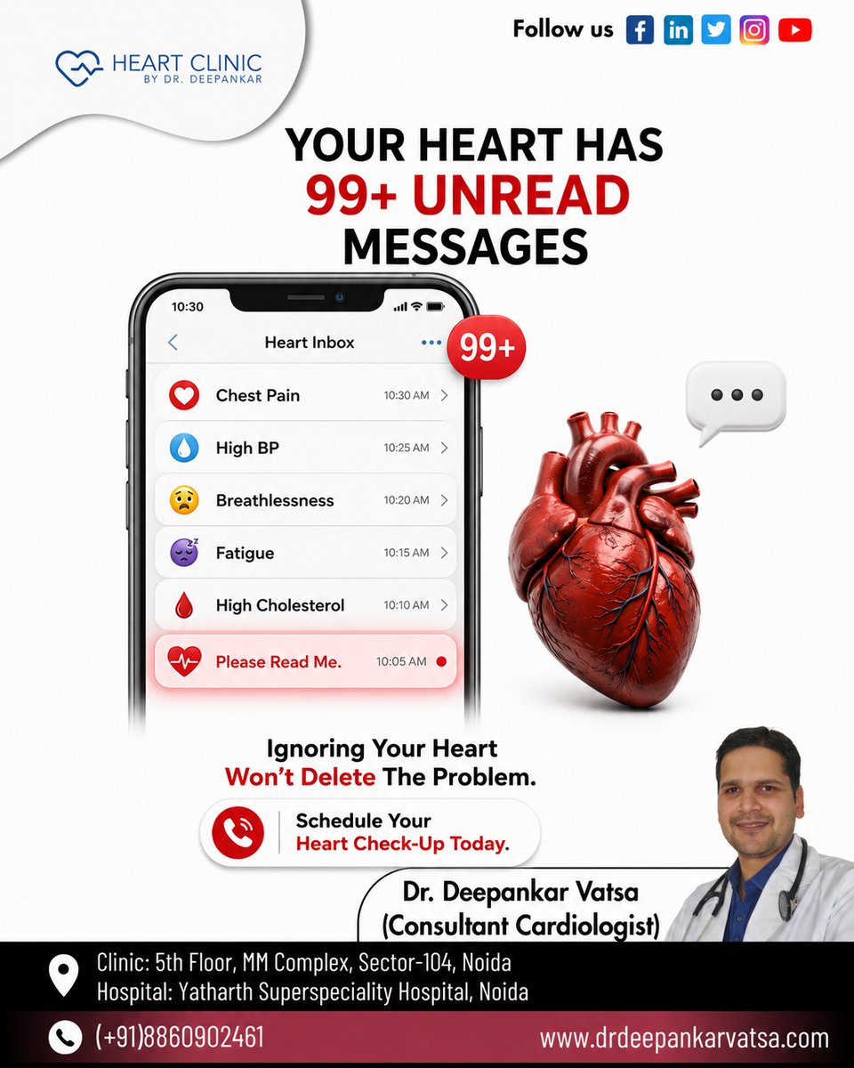 drdeepankarcard's tweet photo. ❤️ Your Heart Has 99+ Unread Messages.
Don't Ignore Them.

Schedule your Heart Check-Up Today!
-
Dr. Deepankar Vatsa
Consultant Cardiologist
📞+91 88609 02461

#DrDeepankarVatsa #CardiologistNoida #HeartHealth #HeartCheckup #Cardiologist #DrDeepankarVatsa #HeartClinic #Heart https://t.co/ONTXtibTZa
