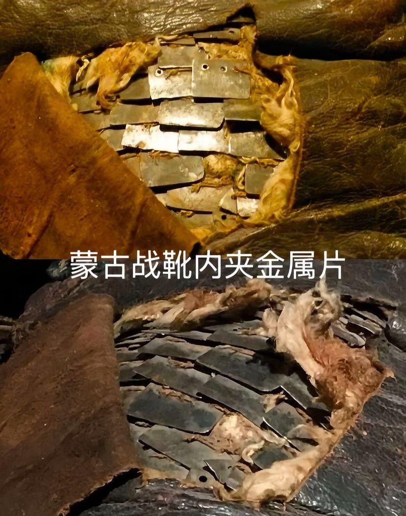 jiaumujiau's tweet photo. 15世纪蒙古铁甲靴。现藏于蒙古国家博物馆。靴高 56 厘米，长 26 厘米，重约两公斤。外层是牛皮，中间是绑定的铁甲片，衬里是毛毡。鞋底是多层皮革缝制而成。这双战靴是牧民捐赠的，是其家里传承了七代以上的祖传之物。 https://t.co/xNhwE222oh