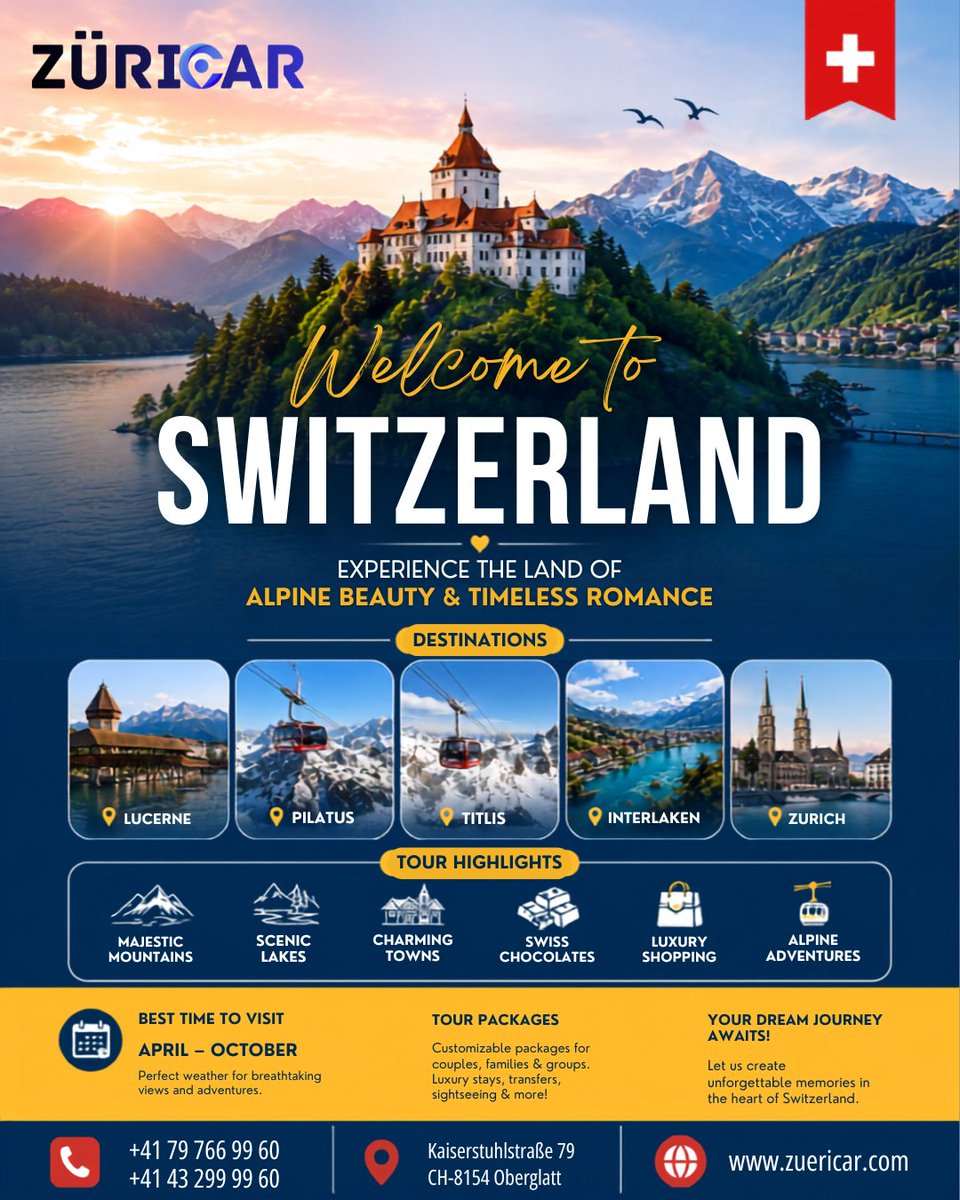 ZuricarGO's tweet photo. Welcome to Switzerland – Where Every Journey Becomes a Memory!
#Switzerland #VisitSwitzerland #SwissAlps #ExploreSwitzerland #Lucerne #MountTitlis #Pilatus #Interlaken #Zurich #SwissTravel #TravelEurope #EuropeTravel #MountainViews #ScenicSwitzerland #LuxuryTravel #AdventureAwait https://t.co/PdO6NeYLQm