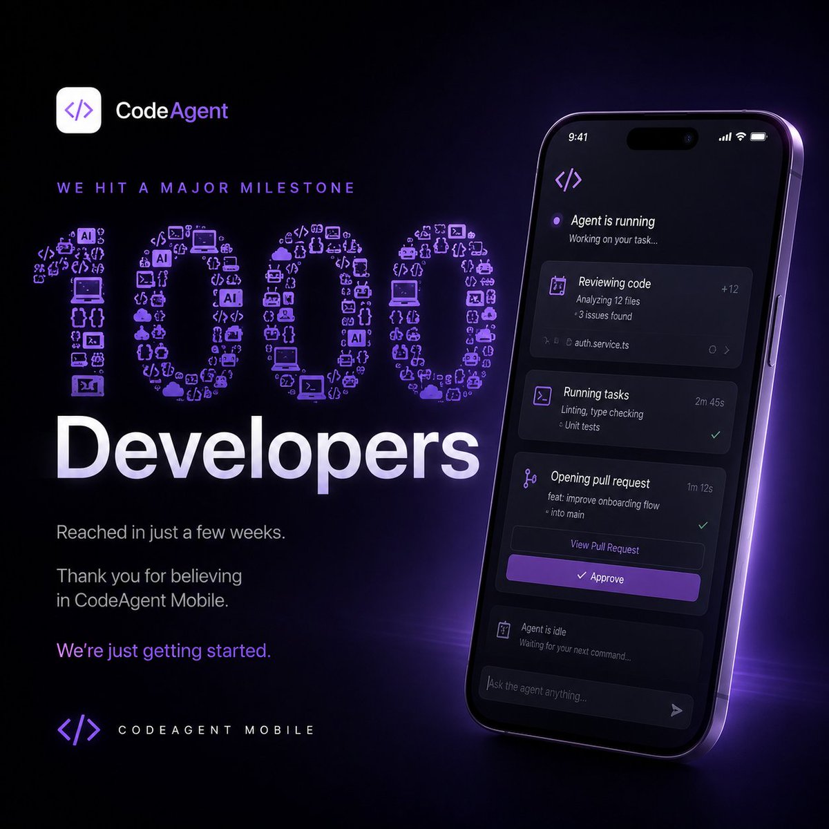 codeAgentMobile's tweet photo. Today we hit 1,000 developers on CodeAgent Mobile.

Thank you to everyone who took a chance on a small, still-rough tool — and to those who sent feedback, filed issues, or told a friend. This is only the beginning. https://t.co/TmnaMDoHX7